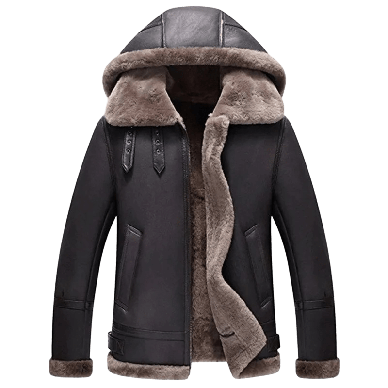 Northern Outpost Mens Hooded Shearling Bomber Real Sheepskin Flight Gear