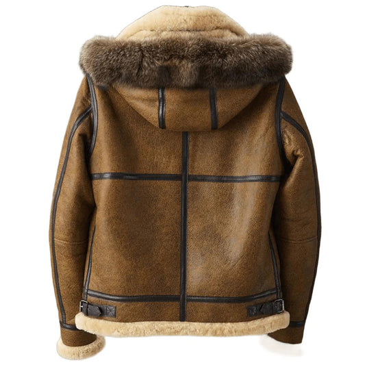 Flightline Fury Hooded Shearling Aviator Jacket in Brown Leather with Fur Trim