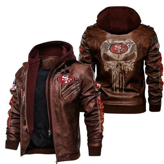 San Francisco 49ers Leather Hoodie Jacket, Bomber Style with Skull and Patches