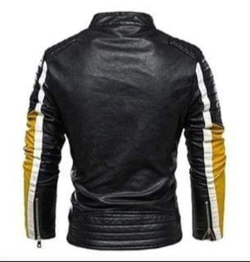 Bold Mens Leather Jacket Yellow Black Color Block Biker Style