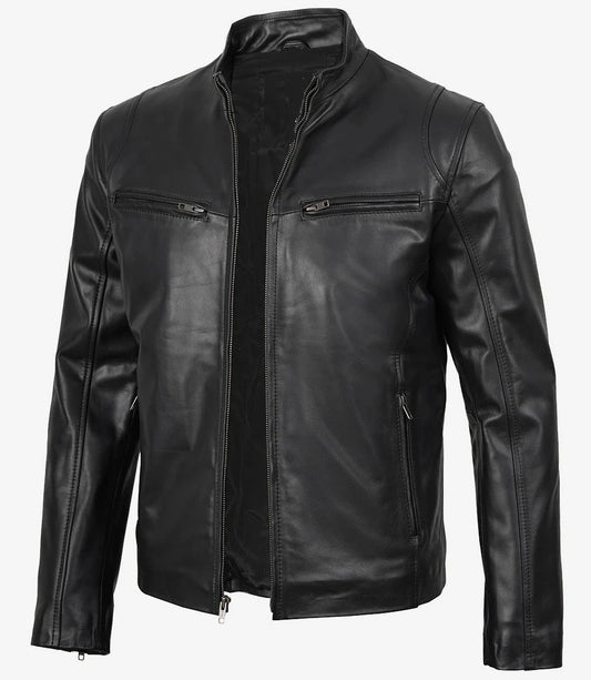 Classic Black Biker Leather Jacket for Men, Café Racer Edge
