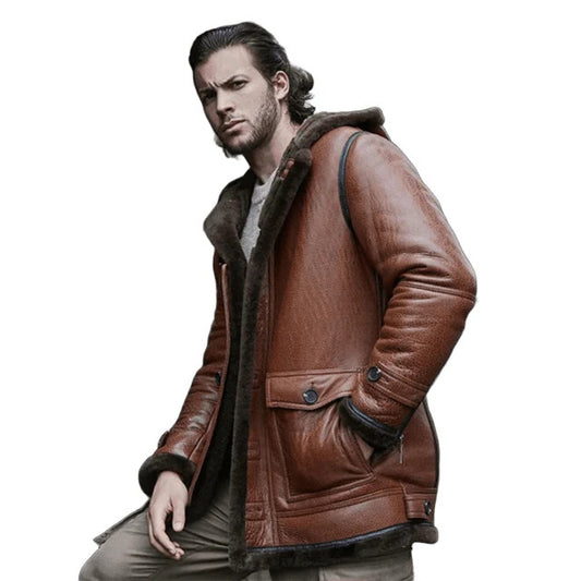 Frostborn Renegade Hooded Mens Shearling Leather Flight Jacket in Cognac Brown