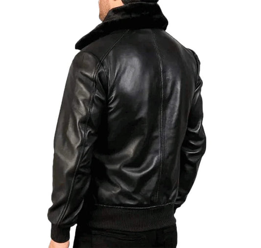 Airin G-1 Leather Bomber Jacket, Classic Black Aviator Look