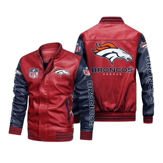 Denver Broncos NFL Leather Bomber Jacket, Mens Fan Gear with Sticker Patch