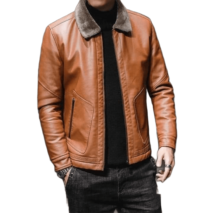 Mens Leather Jacket with Fur Collar Warm Fashionable and Handsome Look