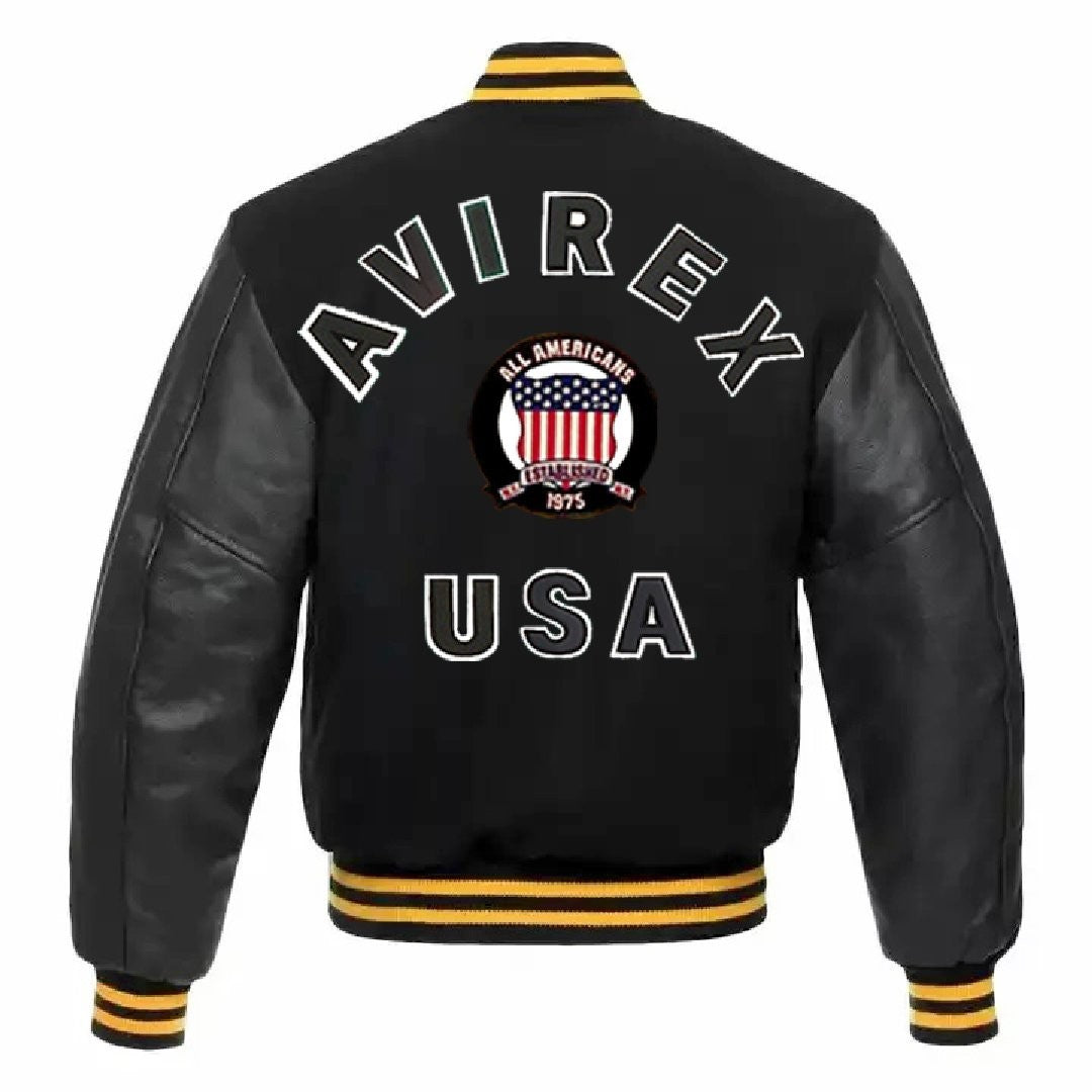 Avirex Wool Bomber Leather Sleeve Varsity Jacket, USA Patch, Streetwear Style