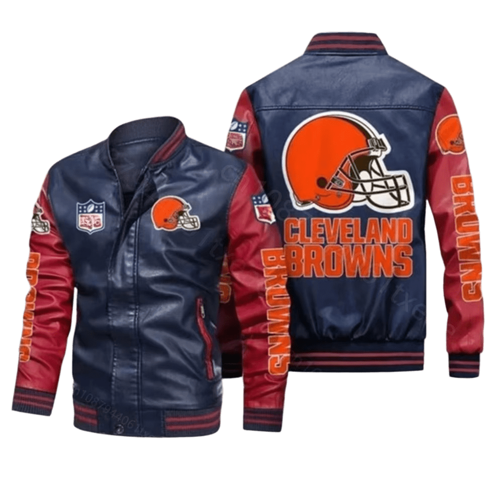 Cleveland Browns NFL Leather Bomber Jacket, Mens Premium Fan Apparel w/ Sticker