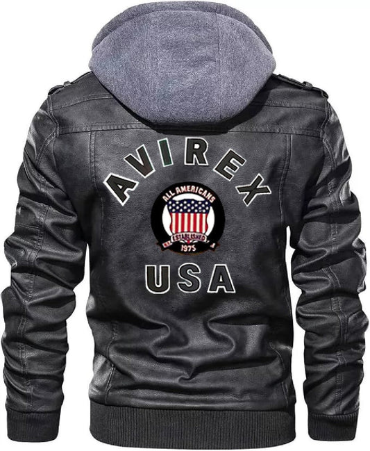 Avirex Shadowrider Hooded Leather Moto Bomber Jacket, Zip-Up Streetwear Legend