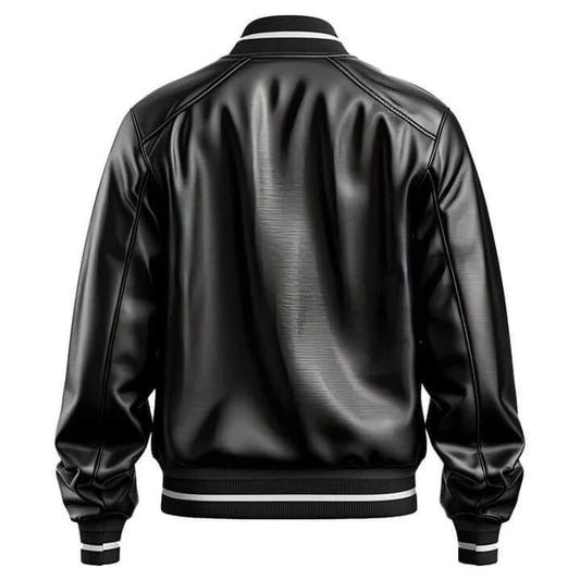 Men’s Black Leather Jacket, Baseball Collar, Rib Knit, Winter Warm