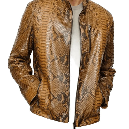 Luxury Mens Motorcycle Jacket Brown Python Patterned Leather