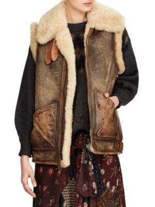 Shearling Storm Distressed Brown Womens Full-Zip Leather Vest
