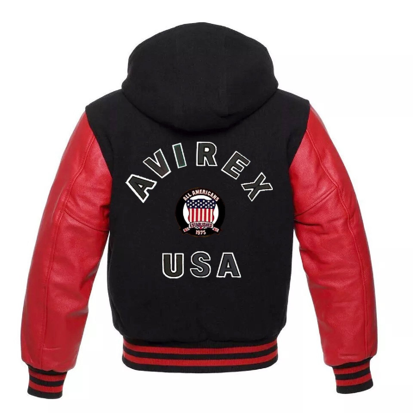 Avirex USA Varsity Hoodie Wool Jacket with Leather Sleeves, Americana Streetwear