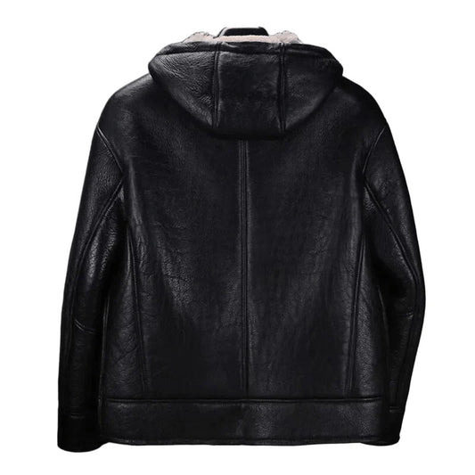 Shadow Play Mens Hooded Shearling Jacket, Black Sheepskin Leather