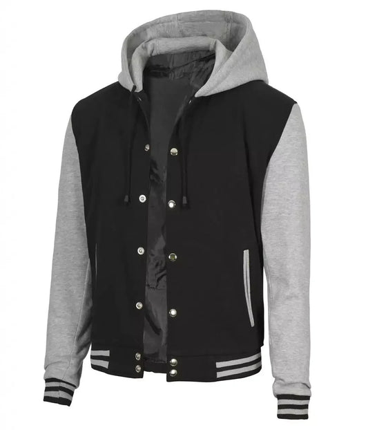 Mens Hooded Varsity Jacket, Black and Grey Baseball-Inspired College Look