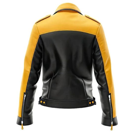 Men’s Yellow and Black Notch Lapel Biker Leather Jacket
