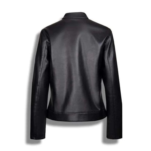 Womens Black Leather Biker Jacket, White Stripes and Zip Pockets