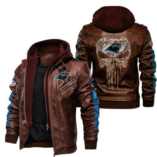 Carolina Panthers Leather Bomber Jacket, Hooded Varsity NFL Style, Team Patches