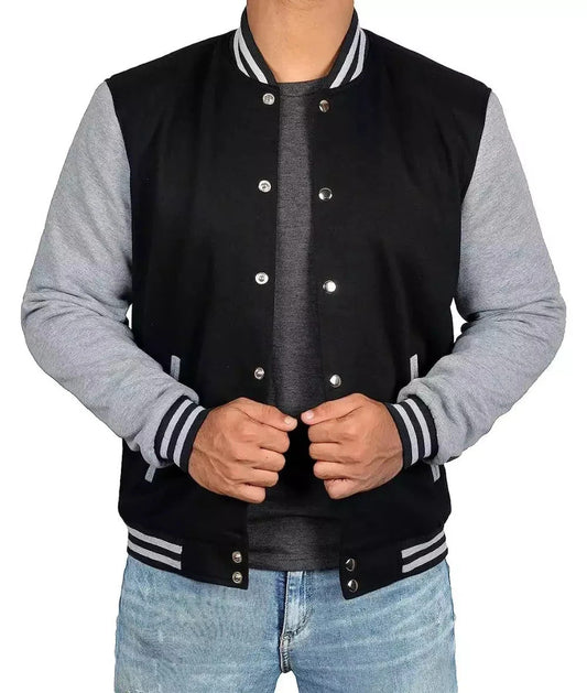 Mens Black Bomber Varsity Jacket, Grey Sleeves, Athletic Letterman Look