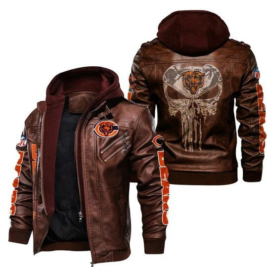Chicago Bears Leather Bomber Hoodie, Skull Graphic NFL Jacket, Sticker Patches