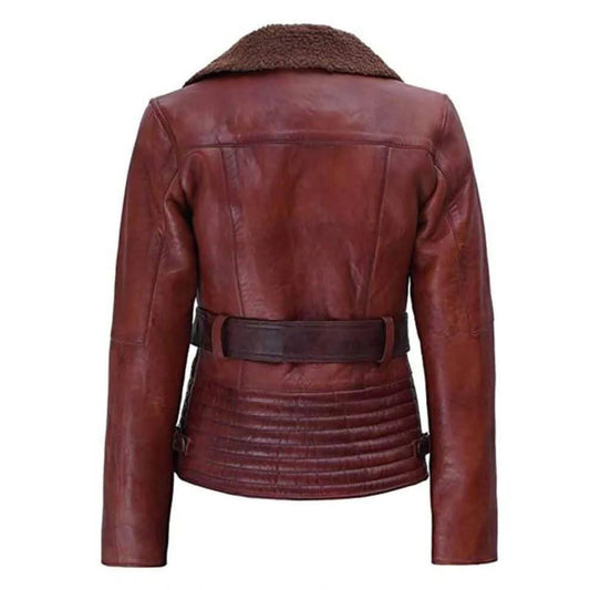 Women’s Brown Leather Jacket High Collar Shearling Lapel Motorbike Style