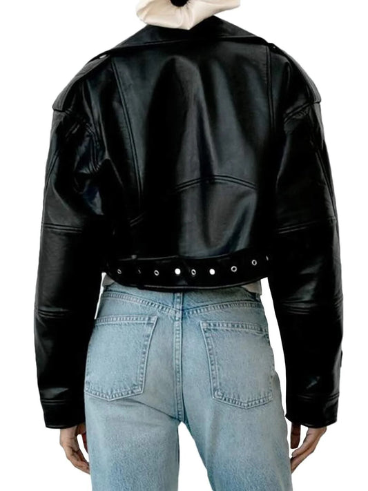 Chic Women’s Zipper Leather Jacket, Classic Lapel, Short Style