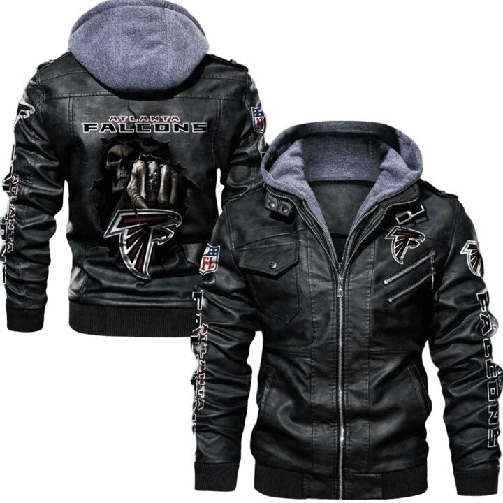 NFL Altanta Falcons Black Leather Bomber Hooded Jacket with Sticker Patch Design