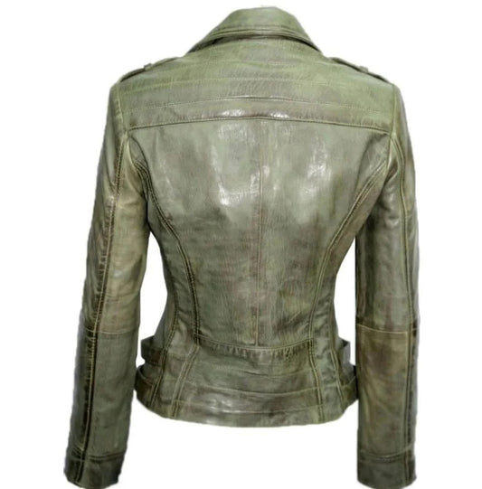 Verdant Vibe Womens Leather Jacket, Asymmetrical Zip, Distressed Green Hue