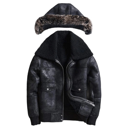 Shadow Squadron B3 Sheepskin Bomber Mens Hooded Fur Leather Jacket