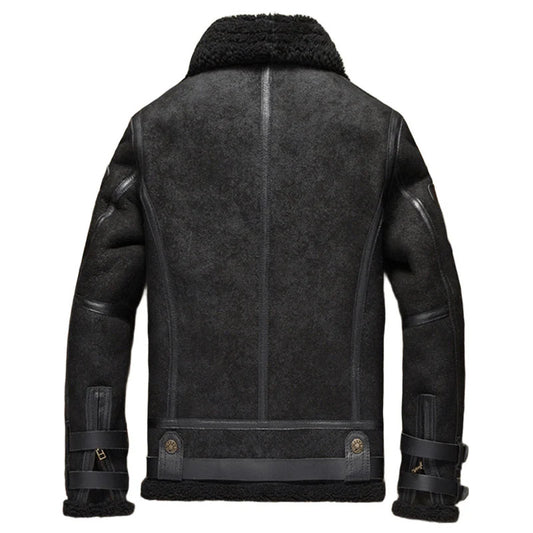 Crackhide B3 Aviator Mens Shearling Pilot Jacket in Distressed Black Leather