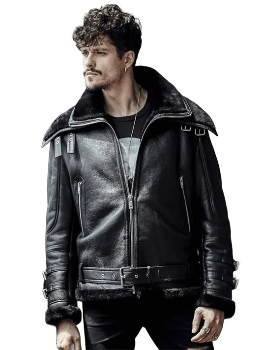 Dark Horizon Black B3 Shearling Jacket, Airforce Bomber with Twin Fur Collar