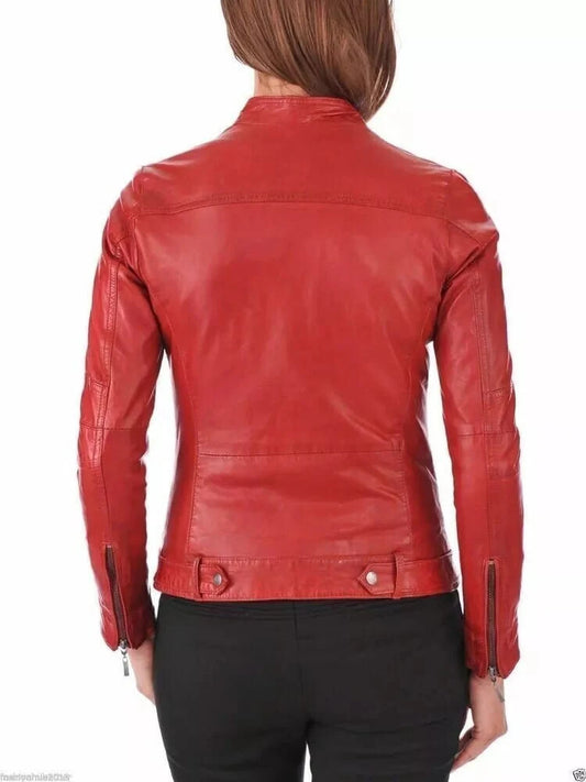 Red Womens Soft Leather Jacket Motorcycle Slim Fit Biker Jacket