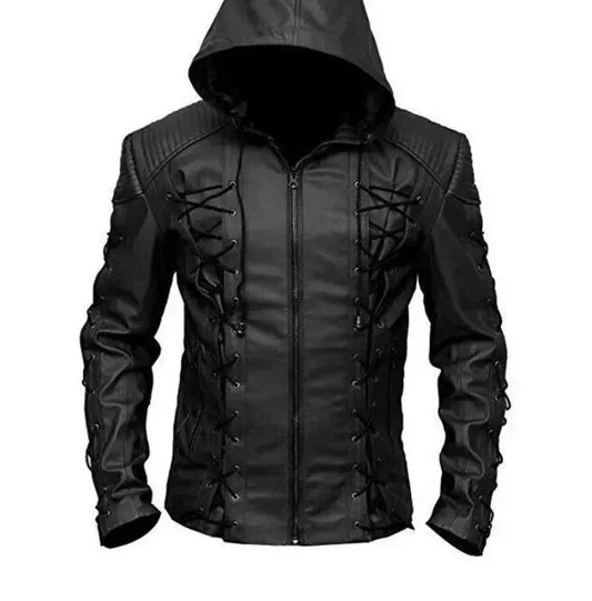 Green Arrow Black Roy Harper Mens Leather Hooded Jacket