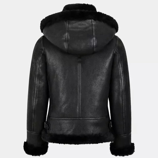Womens Genuine Leather B3 Black Bomber Jacket Hooded Aviator Coat