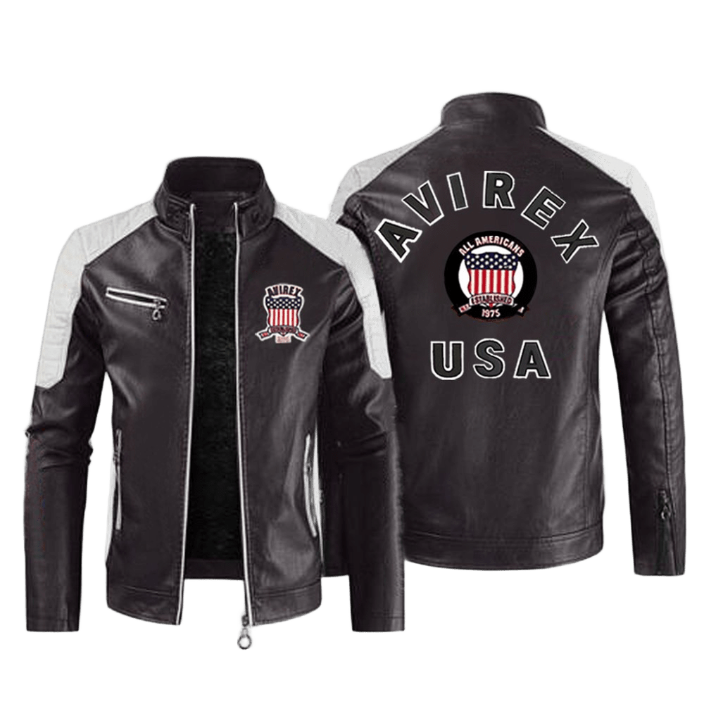 Mens AVIREX Biker Jacket Leather with USA Shield Patch and Racing Accents