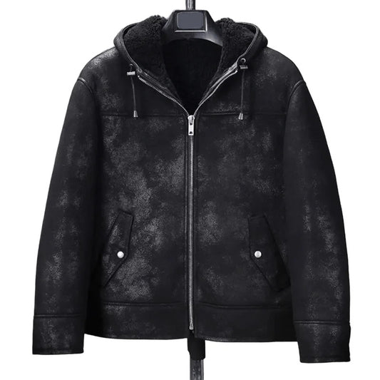 Mens B3 Hooded Shearling Jacket Crack Leather Bomber, Black Fur Winter Coat