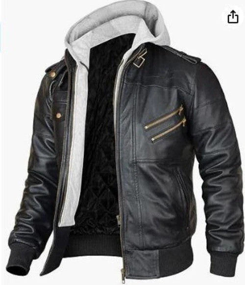 Mens Winter Leather Bomber Jacket, Hooded and Insulated Design