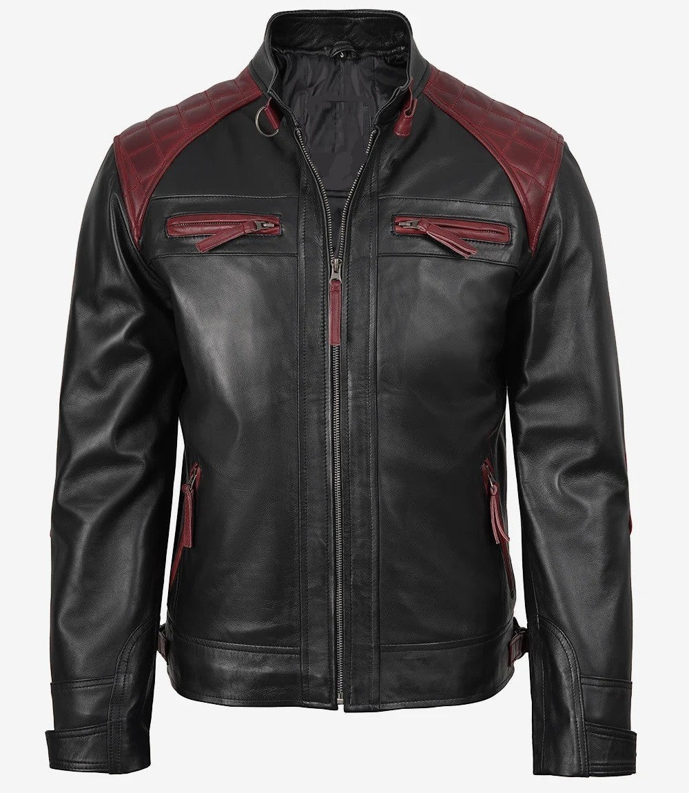 Mens Black and Maroon Leather Jacket, Café Racer Style with Quilted Shoulders