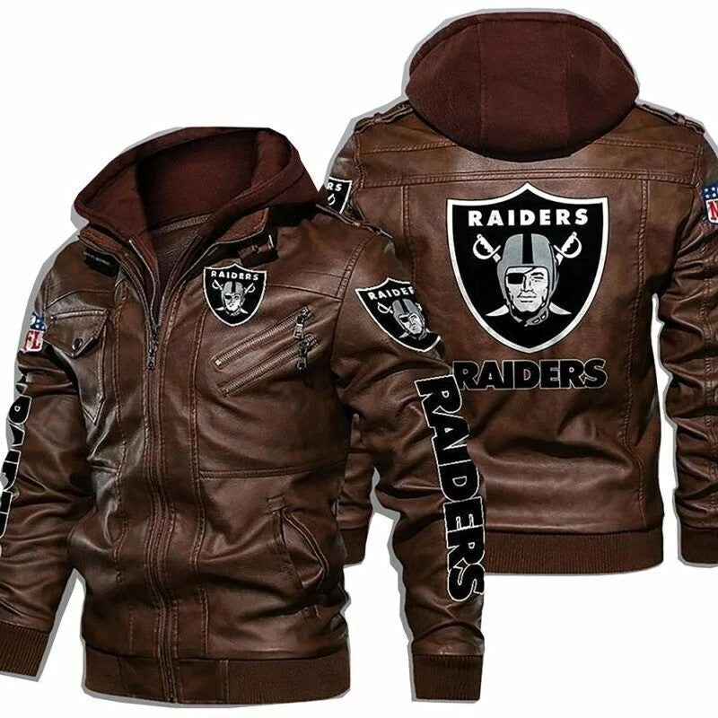 Las Vegas Raiders Mens Vintage Leather Jacket Flight Biker Bomber Hooded Coat