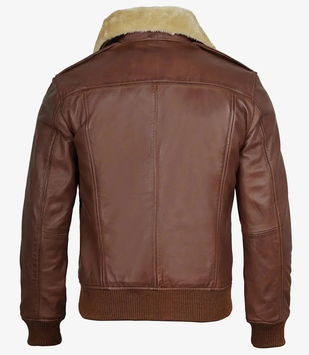 Mens Cognac Leather Aviator Jacket, Classic Bomber Style with Fur Collar