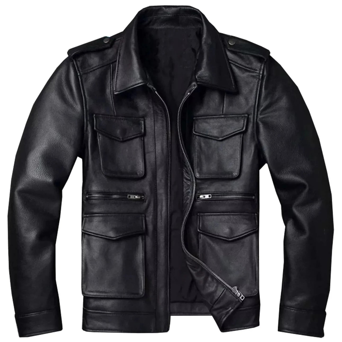 Leather Six Pocket Multi Windbreaker Motorcycle Cafe Racer Leather Winter Jacket