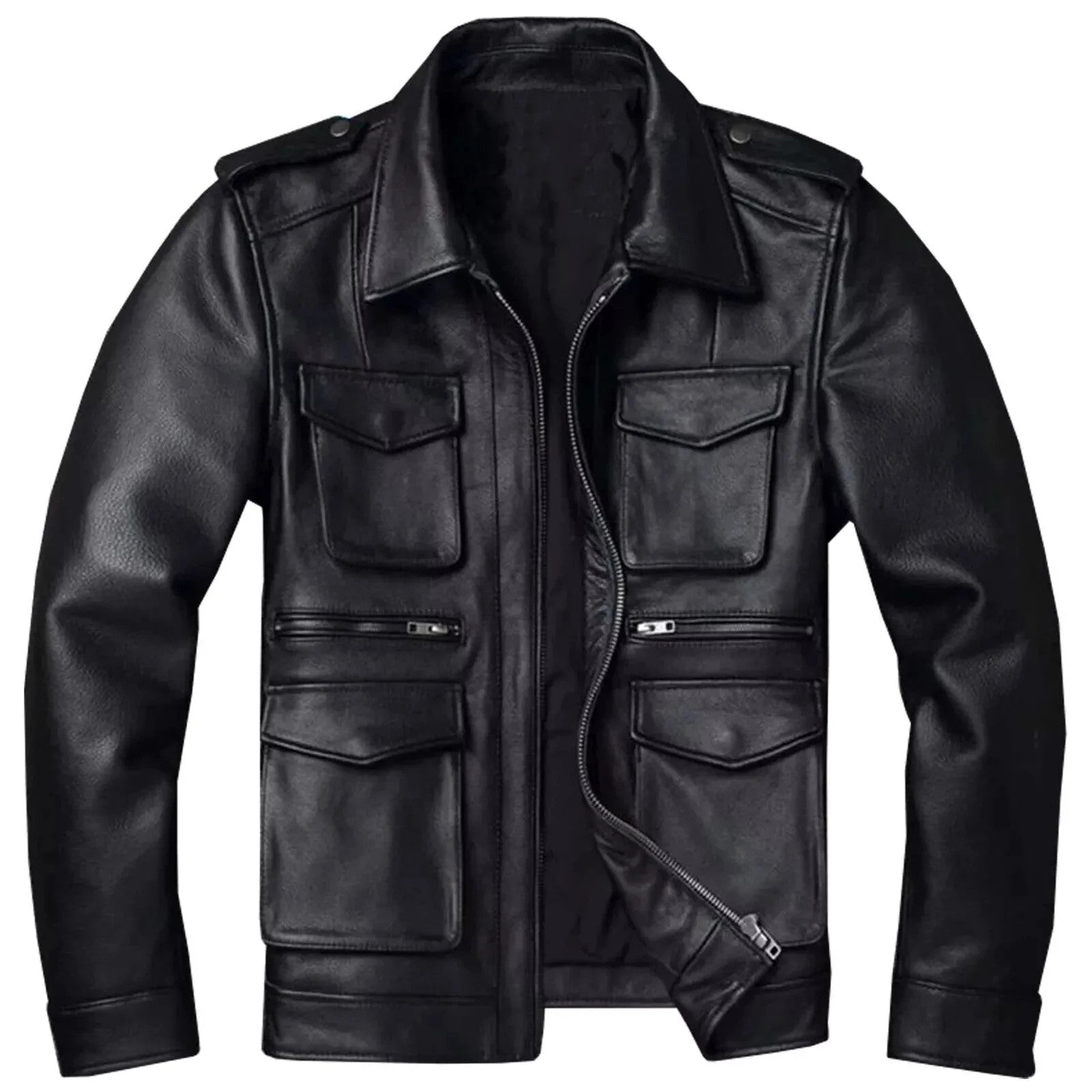 Leather Six Pocket Multi Windbreaker Motorcycle Cafe Racer Leather Winter Jacket