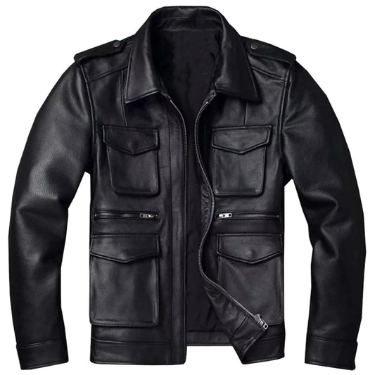 Leather Six Pocket Multi Windbreaker Motorcycle Cafe Racer Leather Winter Jacket