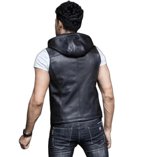 Men’s Black Sleeveless Leather Vest with Hood, Biker Style