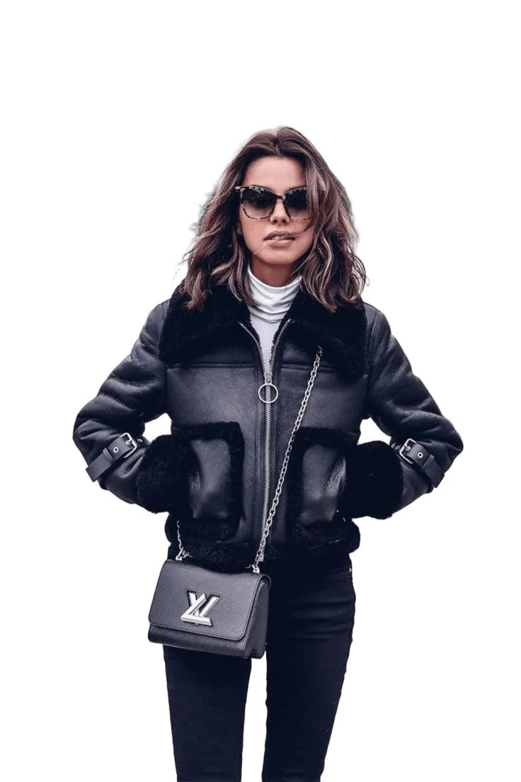 Stylish Moto Coat for Women Shearling Aviator Short Parka