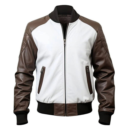 Mens Baseball Collar Smooth Genuine Leather Bomber Jacket