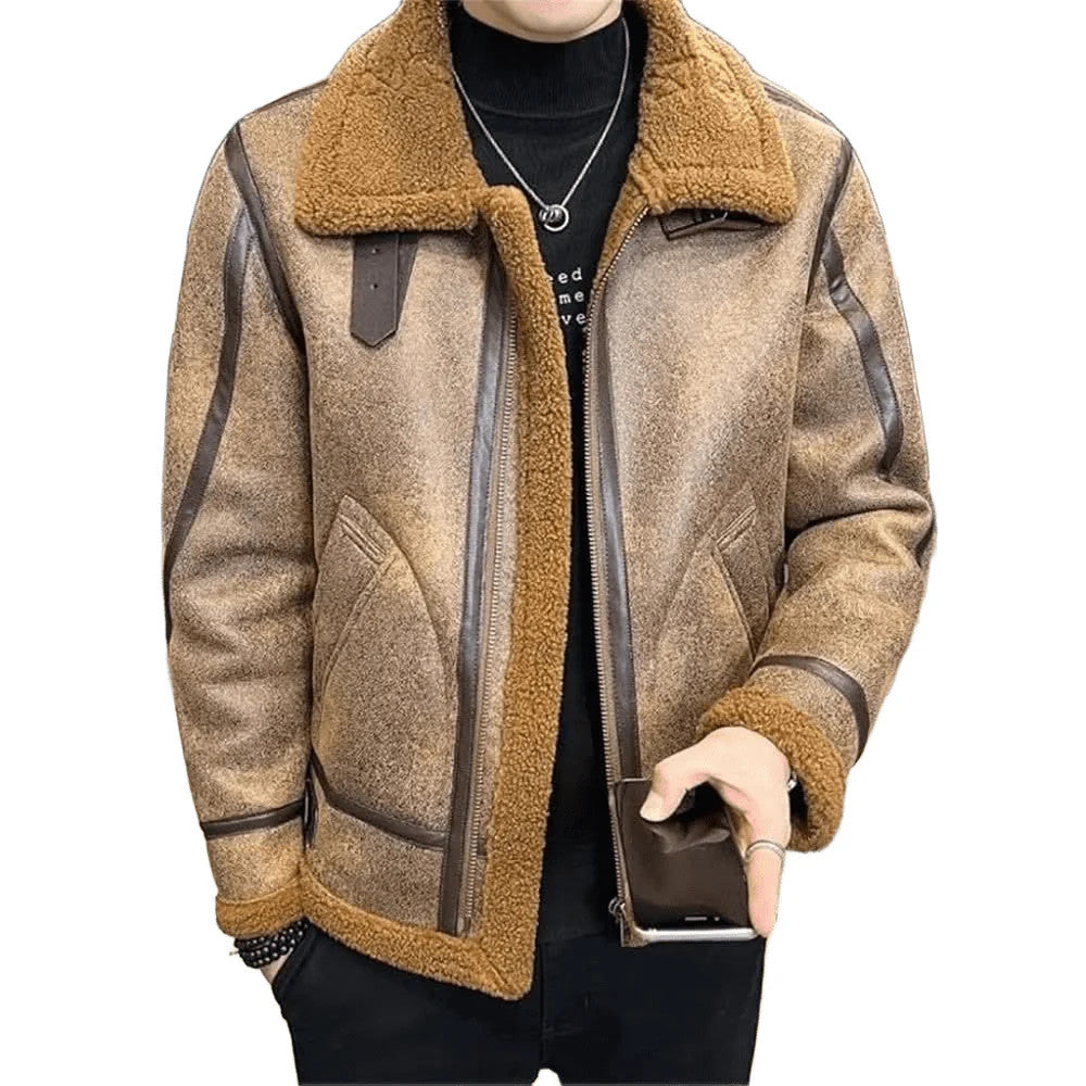Mens Leather Coat Velvet Thickened Warm Winter Coat Fur Casual Jacket