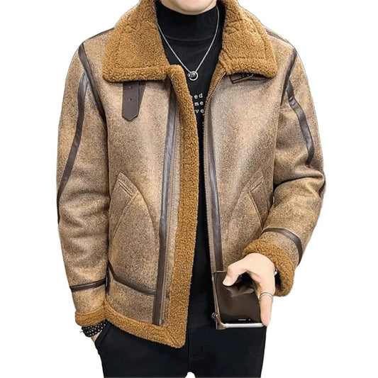 Mens Leather Coat Velvet Thickened Warm Winter Coat Fur Casual Jacket