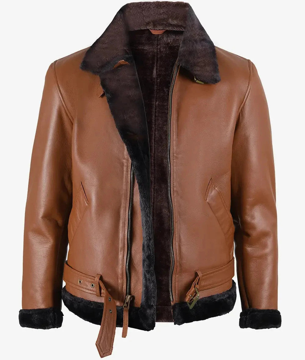 Mens Classic Shearling Leather Aviator, Warm Fur Trimmed Cognac Jacket