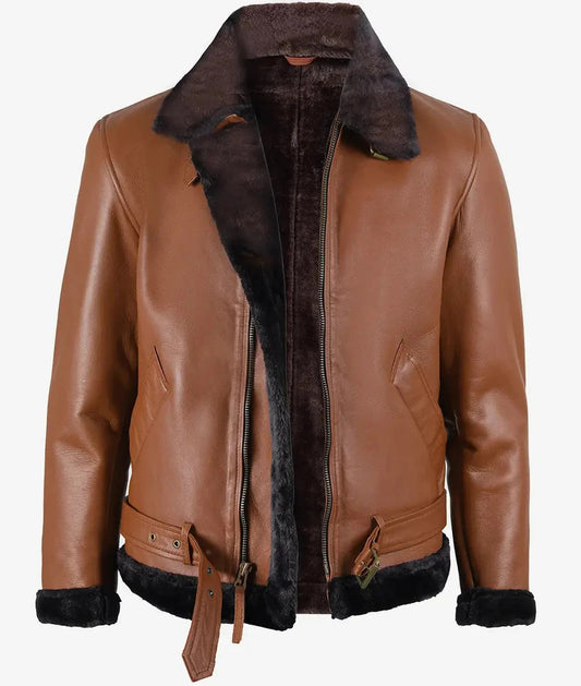 Mens Classic Shearling Leather Aviator, Warm Fur Trimmed Cognac Jacket