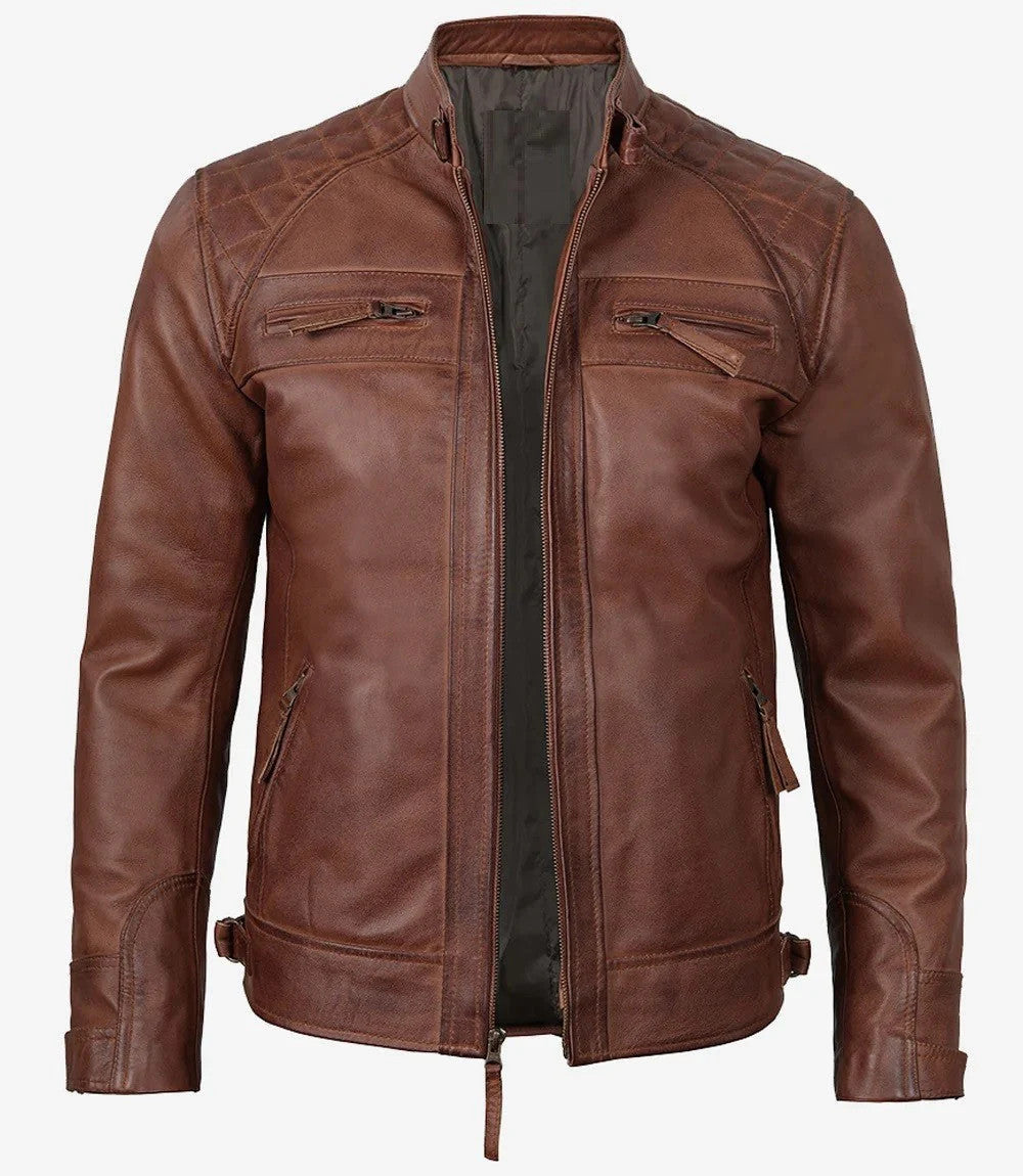 Cognac Leather Motorcycle Jacket for Men, Quilted Racer Edition